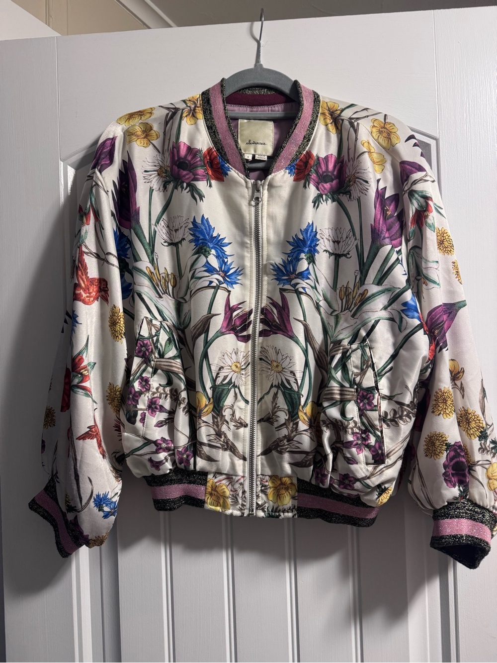 Anthropologie elevenses Floral Bomber Jacket with metallic purple trim